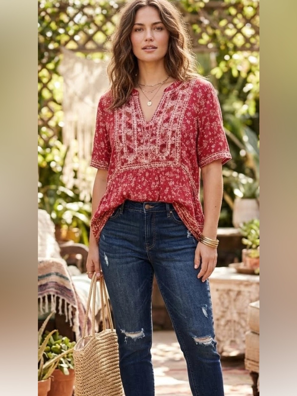 Knox Rose Crimson Embroidered Boho Peasant Top Size Medium